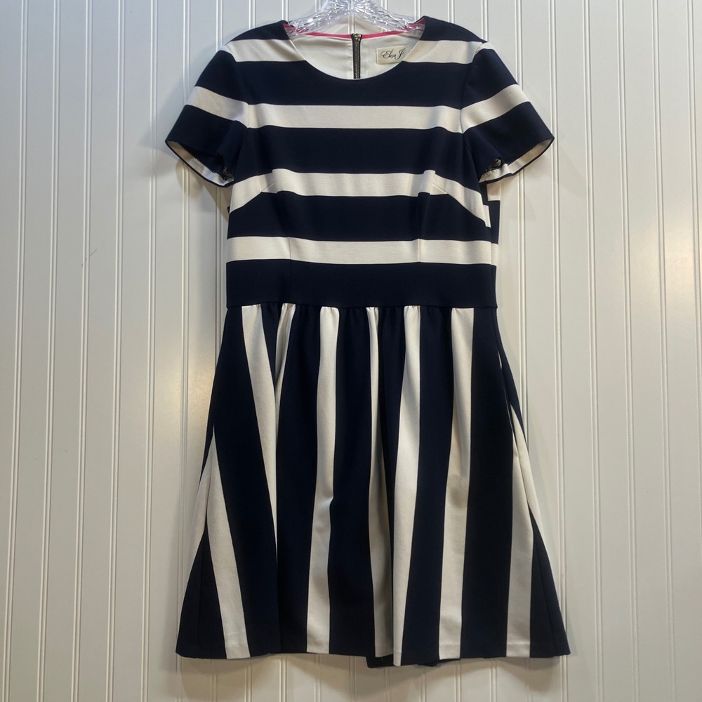 Eliza J Navy Blue White Striped Fit and Flare Midi Dress Short Sleeve Pockets 12